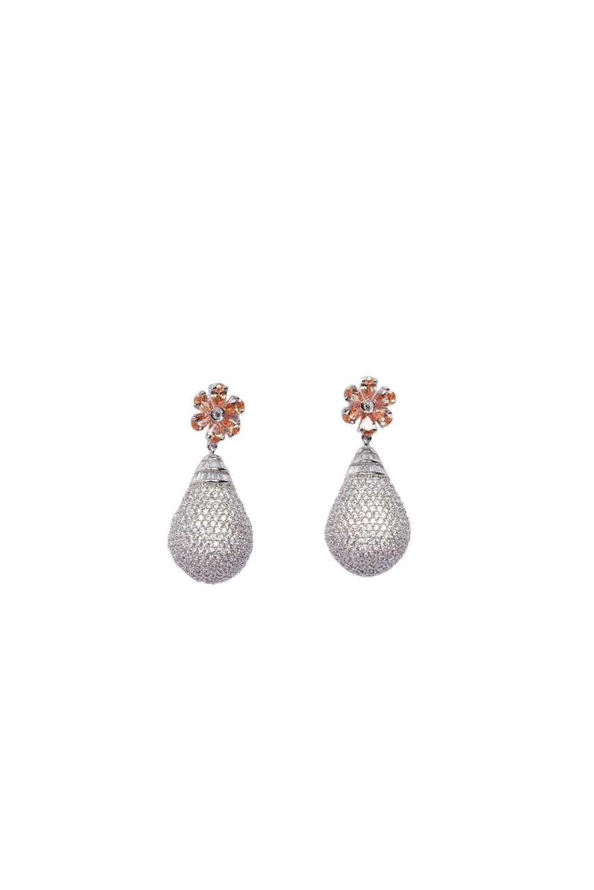 Namokriti Elegant Silver-Toned Flower Drop Earrings with  Champagne Orange Petals & sparkling Zircon Teardrop Dangler